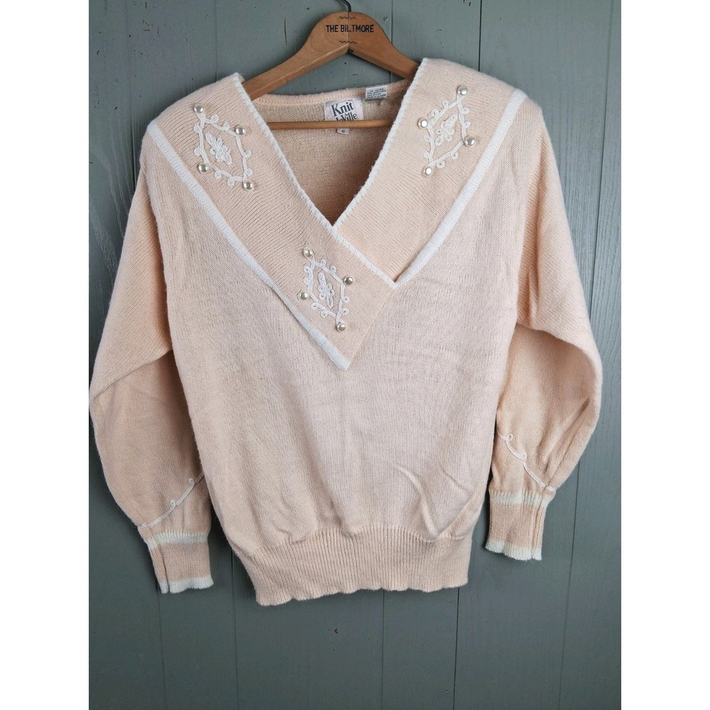 VTINTAGE Knit de Ville Pullover V Neck Sweater Peach Pearls 80s Soft‎ Feminine